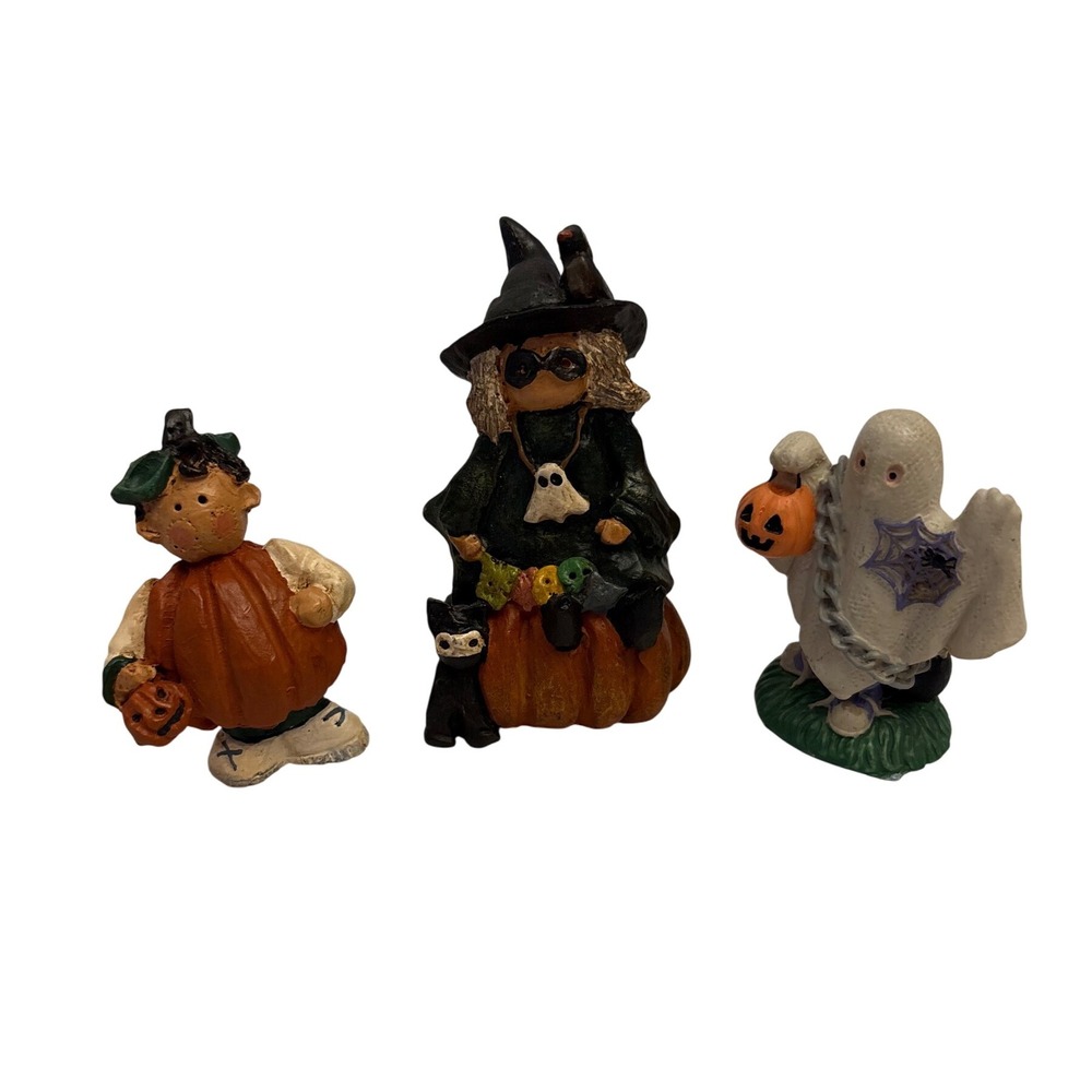1990s Halloween Figurines Witch Ghost‎ Pumpkin Boy Fall Decorations Set of 3